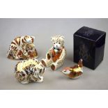 Four Royal Crown Derby Imari decorated paperweights - Wren, Bengal Tiger cub, Teddy Bear and Russian