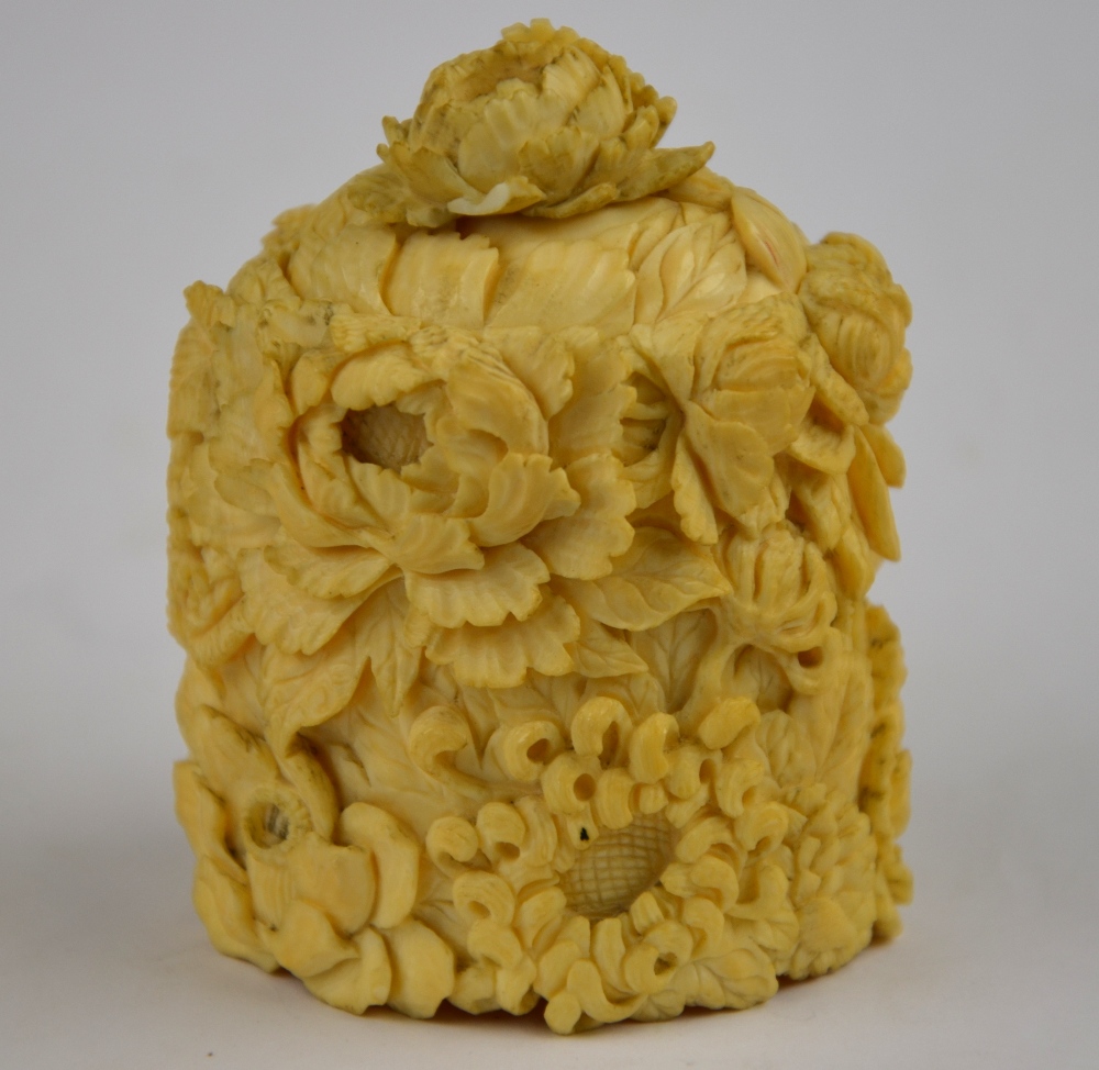 A 19th century Chinese Canton ivory oval pot and cover carved with chrysanthemums and other flowers, - Image 3 of 6