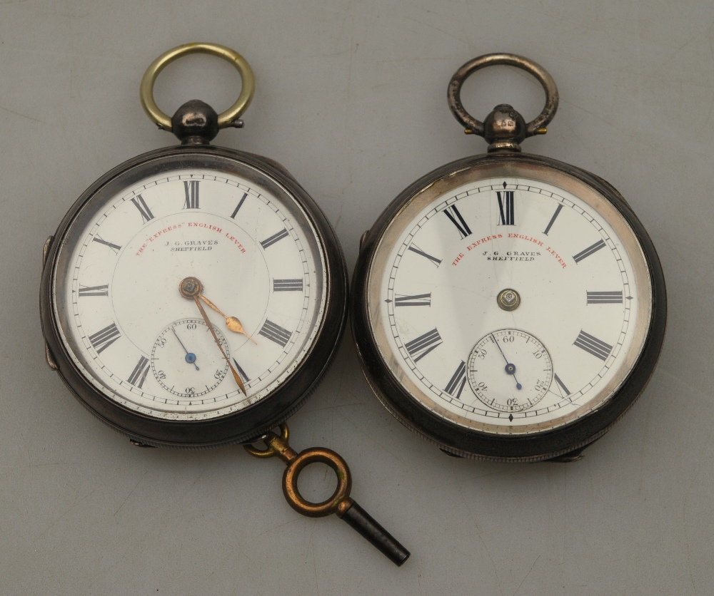 Two Edwardian silver open-faced pocket watches with keywind 'Express English Lever' movements,