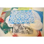 A box containing assorted doily sets, place mats and tray cloths, huckabacks, filet mats etc.