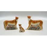 Three Royal Crown Derby paperweights - Cheetah Daddy 658/950, Cheetah Cub 658/950, complete with