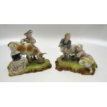 A pair of Hochst porcelain figural groups of young children milking a cow and goat, underglaze