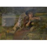 After George Sheridan Knowles - Young girl seated on a stone bench with dog by her side,