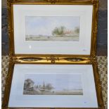 19th century English school - A pair of Victorian cottage scenes, watercolour, 12 x 26.