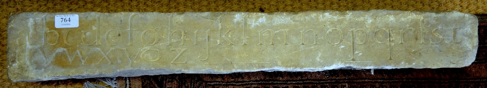 An antique sandstone beam carved on two sides with the letters of the alphabet a-z, 77 cm long x - Image 2 of 4