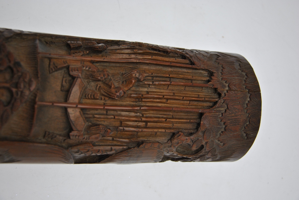 A Chinese bamboo brush pot carved with figures in a forest and figures within and beside a building, - Image 3 of 5