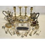 Two pairs of electroplated candlesticks, two entree dishes and covers,