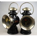 A pair of Lucas King of the Road motor car lamps, black bodies,