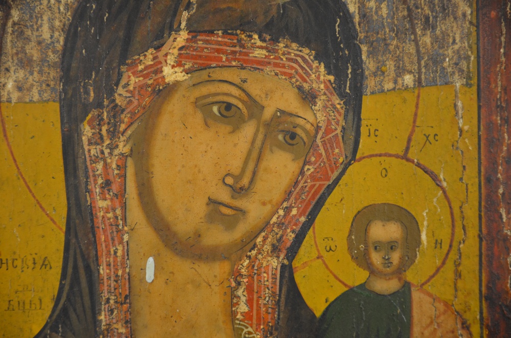 An antique Orthodox Icon (purchased in Russia), painted on a pine panel, depicting Madonna & Child, - Image 3 of 5