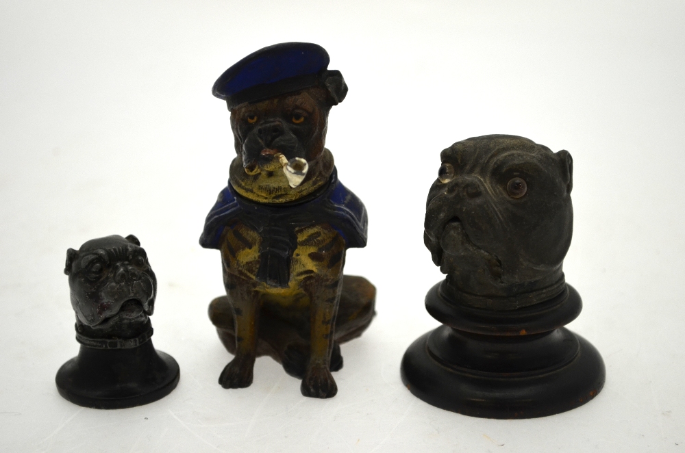 A German cold-painted spelter inkwell modelled as a 'sailor' bulldog smoking a pipe, hinged head,