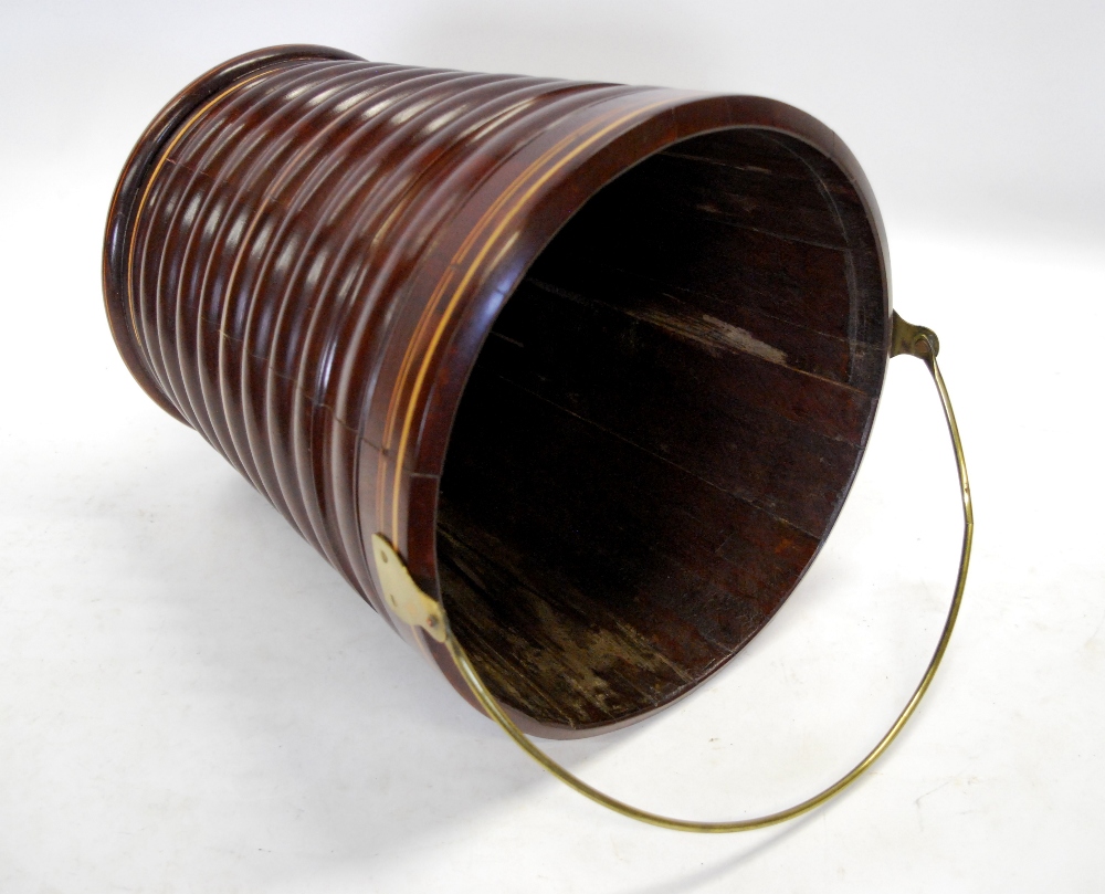 A mahogany peat bucket of ribbed and tapering form with stringing and brass loop handle, - Image 3 of 4
