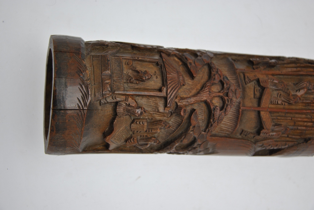 A Chinese bamboo brush pot carved with figures in a forest and figures within and beside a building, - Image 4 of 5