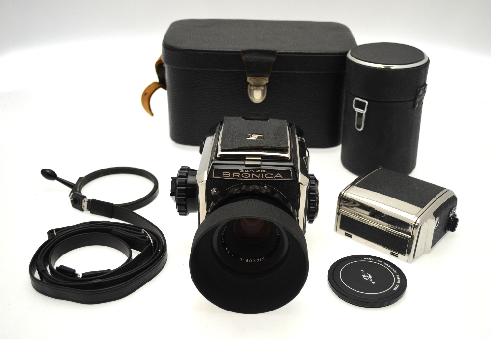 A Zenza Bronica camera no CB153867, with Nikon Nikkor-P 1:2.8 f = 75mm lens no.