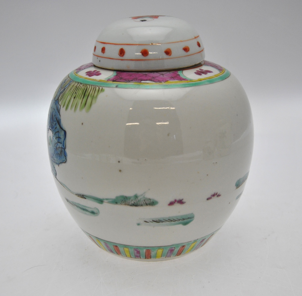 Three Chinese famille rose ovoid jars and covers, one decorated with a procession of figures, 19 - Image 3 of 10