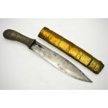 A Burmese Dha dagger with heavy 24 cm blade and ornate handle, in copper-clad sheath,