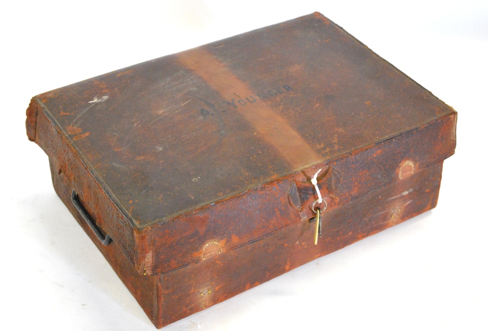 An Edwardian Japanned tin campaign writing-case with fitted interior, in leather outer case,