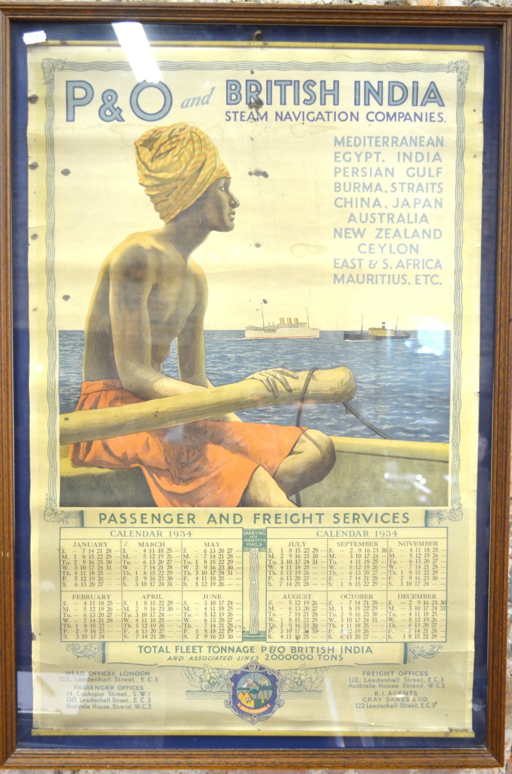 A 1934 P & O British India calendar/advertising poster, 75 x 49 cm, in glazed case Condition