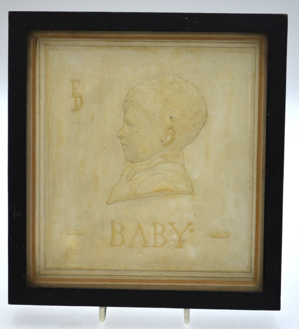 A ceramic tile with relief profile of a young boy inscribed 'Baby' and signed with initials ED, 17 x - Image 4 of 4