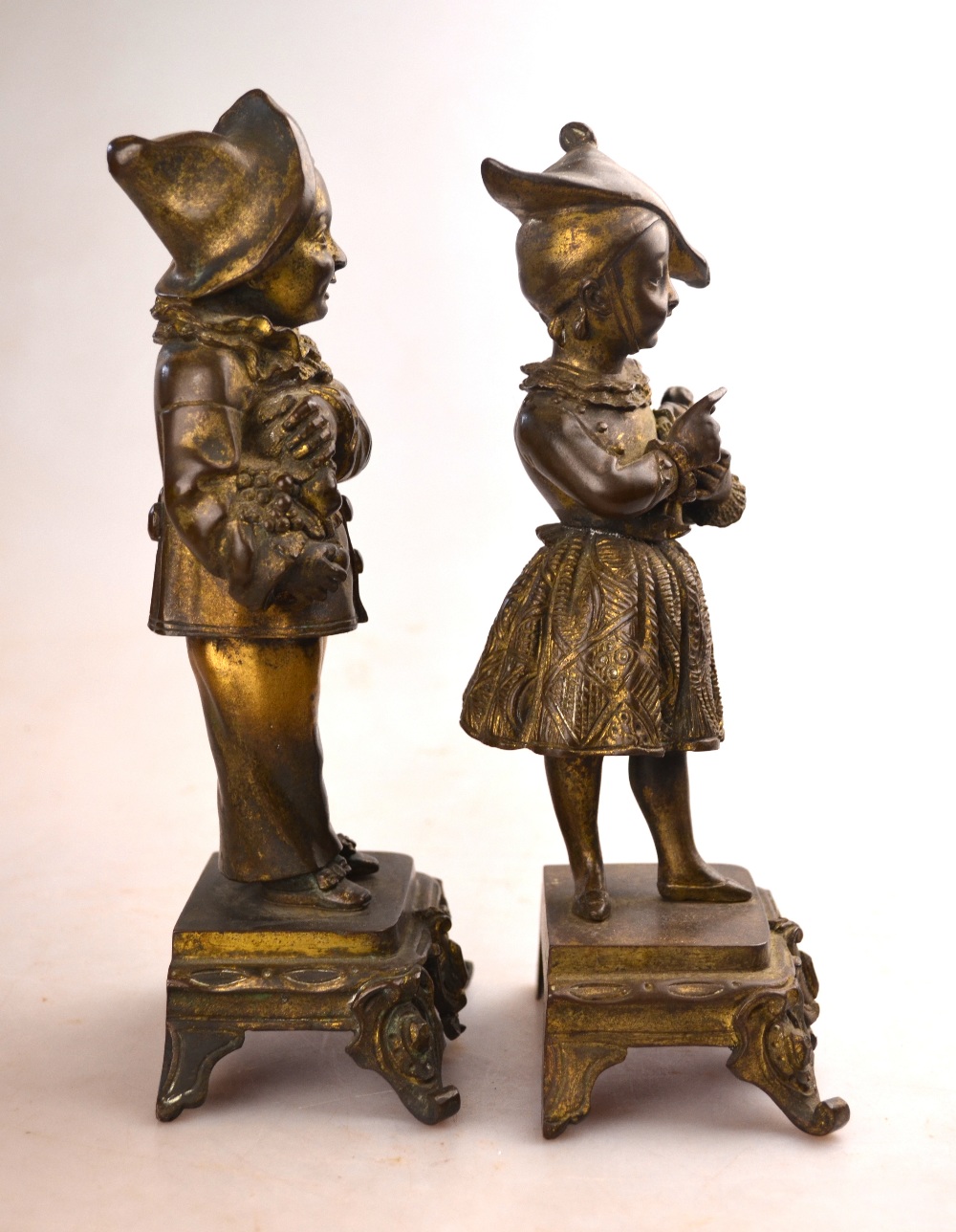 A pair of 19th century Continental bronze garniture figures and a boy clown and girl with doll, - Image 5 of 5