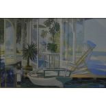 Wim Carpreau - Gazebo with deck chair, plants, rowing boat etc, oil on canvas, signed lower right,