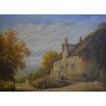 19th century English school - Red bricked building with figures before, oil on canvas, 40 x 55 cm