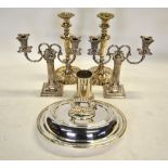 A pair of Victorian electroplated classical column candelabra with twin sconces,