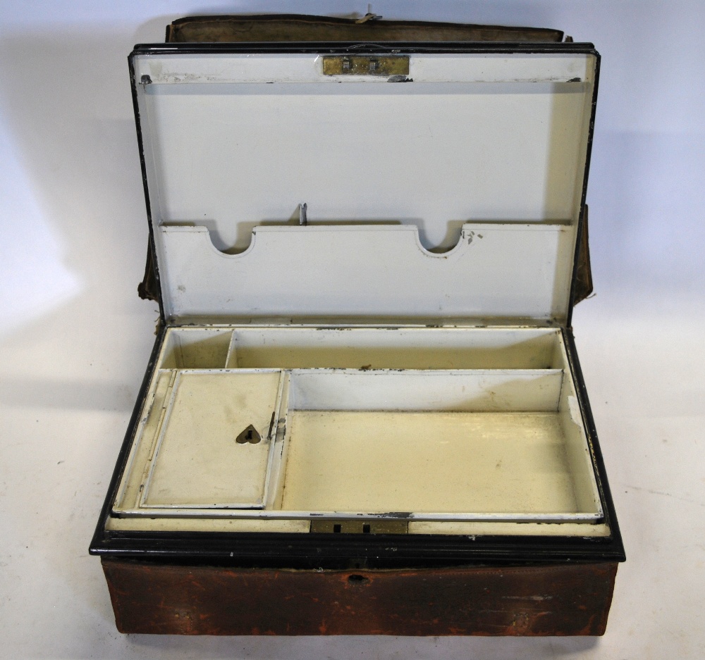 An Edwardian Japanned tin campaign writing-case with fitted interior, in leather outer case, - Image 4 of 6