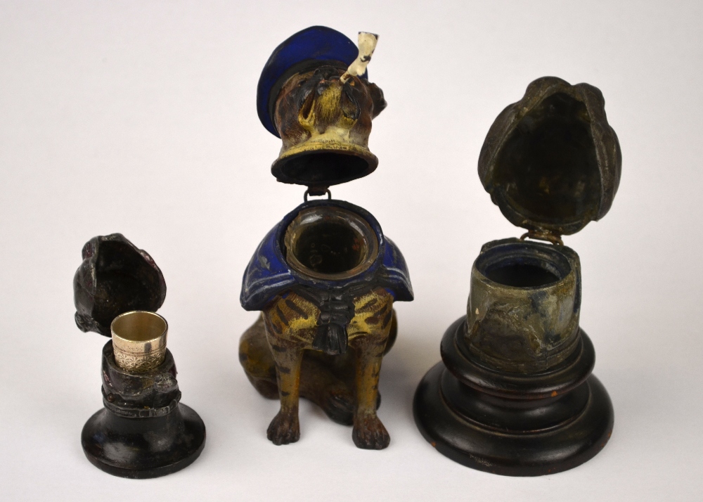 A German cold-painted spelter inkwell modelled as a 'sailor' bulldog smoking a pipe, hinged head, - Image 3 of 4