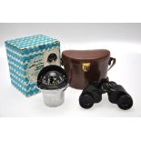 A leather cased pair of Carl Zeiss 8 x 30 binoculars to/w an Airguide marine compass model 66.F (