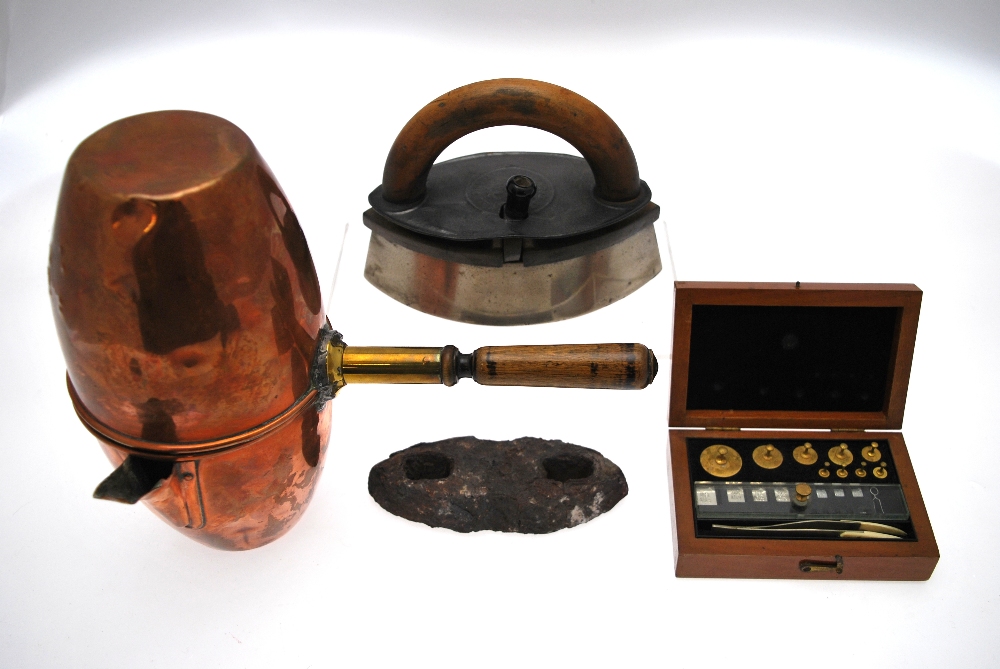 A 19th century steel flat-iron with wooden handle and two cast iron hot-stones, - Image 2 of 4