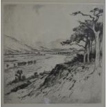 After Percy? - Meandering river with pine trees, etching, pencil signed to lower right margin,