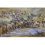 Julia Noble - Herd of wildebeest, oil on canvas, signed lower right,