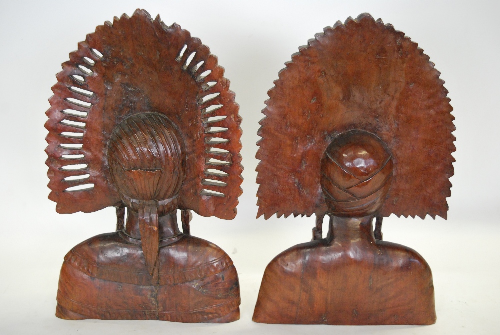 A pair of Balinese carved wood busts with ornate head-dresses, - Image 3 of 4