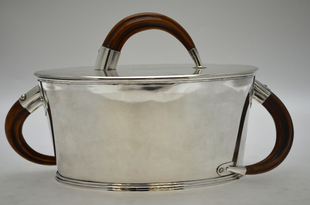 An electroplated Hukin & Heath model 3913 oval tureen and cover in the Art Deco manner, with ceramic