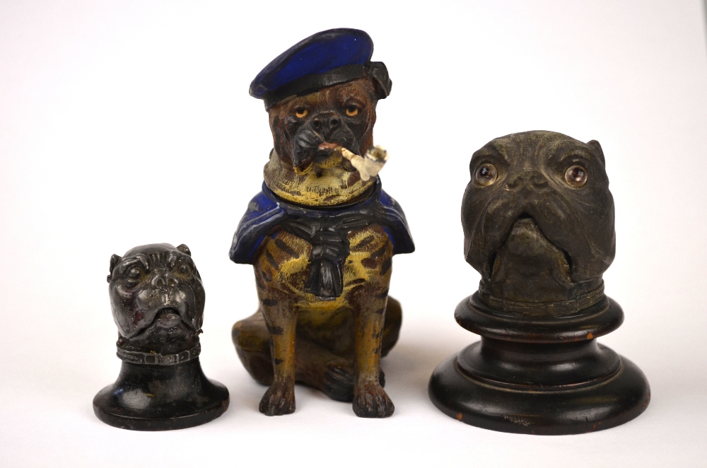 A German cold-painted spelter inkwell modelled as a 'sailor' bulldog smoking a pipe, hinged head, - Image 2 of 4