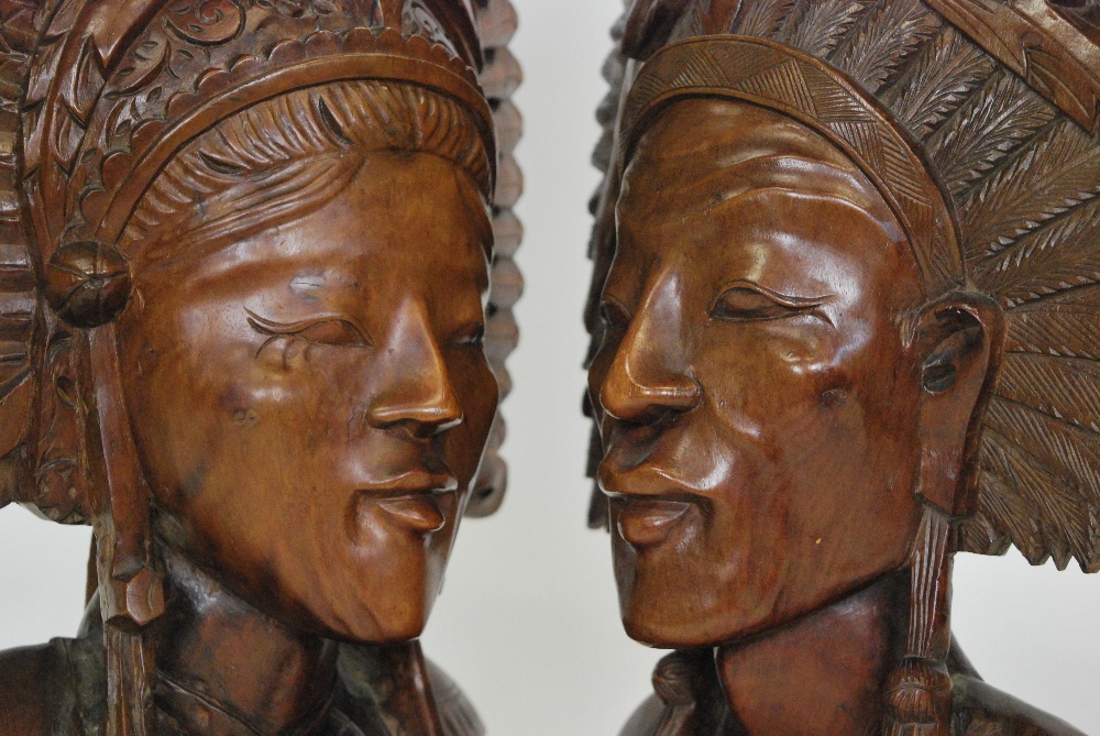 A pair of Balinese carved wood busts with ornate head-dresses, - Image 4 of 4