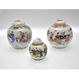 Three Chinese famille rose ovoid jars and covers, one decorated with a procession of figures, 19
