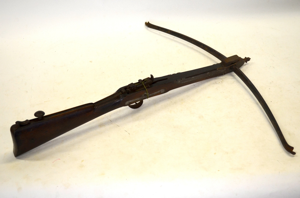 A 19th century hunting crossbow, the walnut stock with hatched grip steel mounts and 73 cm bow, 74