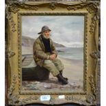 David W Haddon  - 'Fisherman's dreams', fisherman seated on upturned boat, oil on board, signed