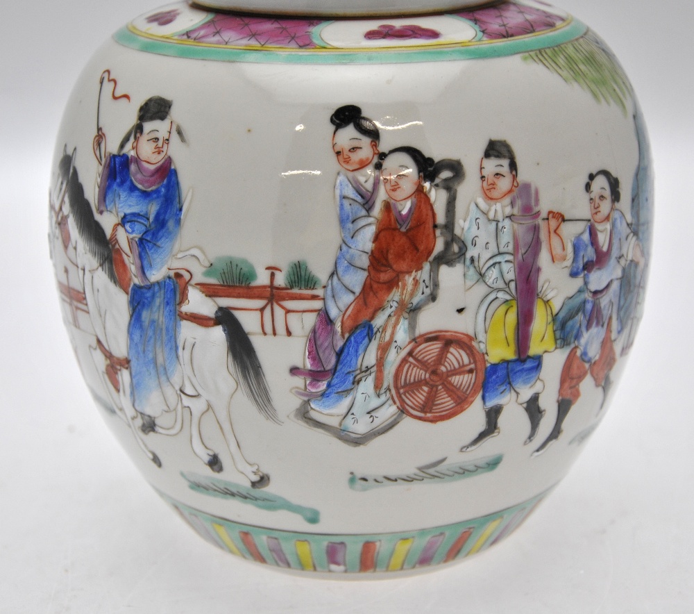 Three Chinese famille rose ovoid jars and covers, one decorated with a procession of figures, 19 - Image 2 of 10