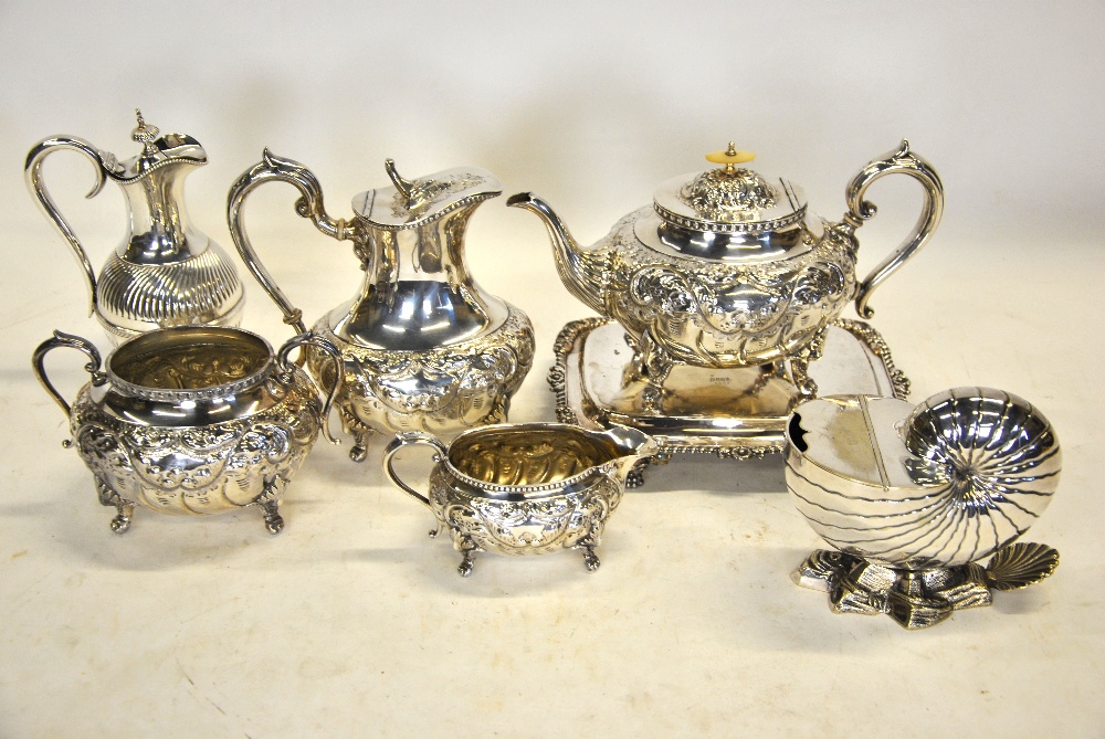 A Victorian oval electroplated four-piece tea service, to/w a nautilus shell spoon-warmer, - Image 2 of 5