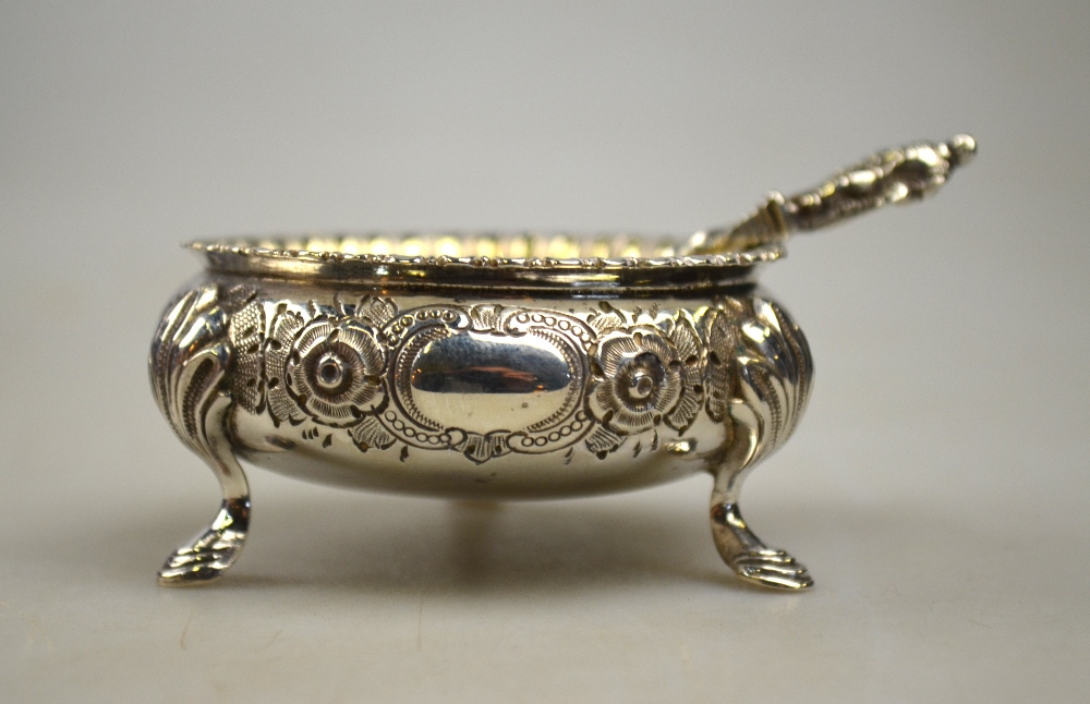 A Victorian cased set of four open silver salts with floral chasing, on hoof feet, Martin, - Image 3 of 3