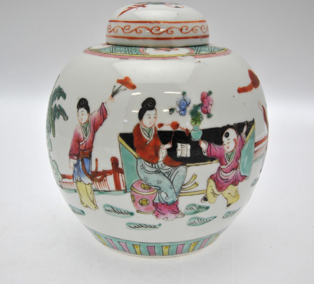 Three Chinese famille rose ovoid jars and covers, one decorated with a procession of figures, 19 - Image 5 of 10