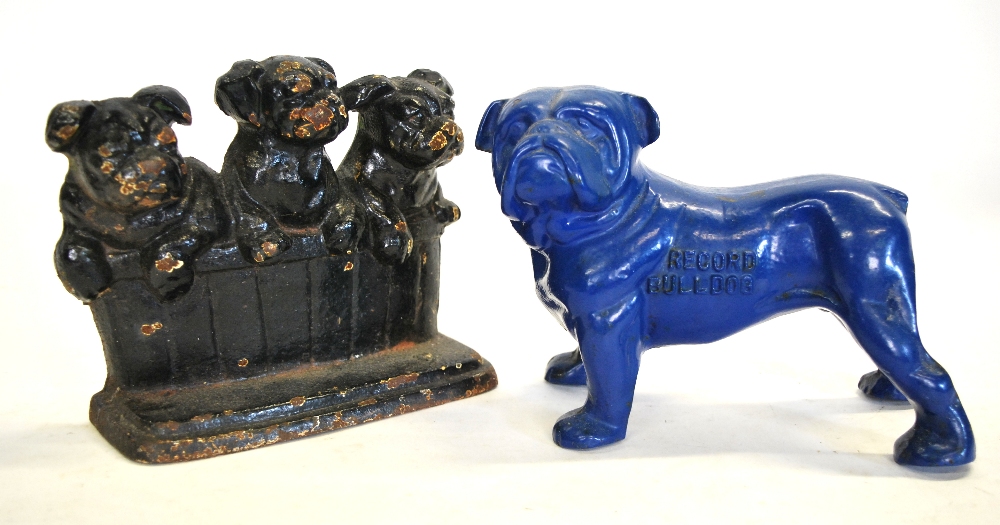 A blue-painted cast iron bulldog, advertising Record Tools, 15 x 21 cm,