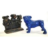 A blue-painted cast iron bulldog, advertising Record Tools, 15 x 21 cm,