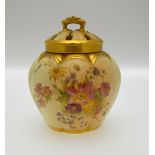 A Royal Worcester lobed pot pourri vase and pierced cover, floral decorated blush ground, date circa