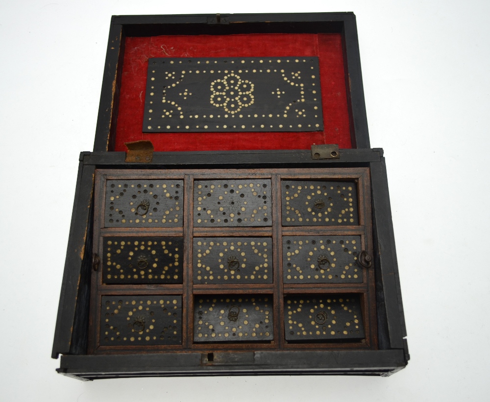 An Indian ebony and porcupine quill box fitted with a tray of lidded compartments, - Image 4 of 6