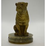 A brass bulldog paperweight on marble base,