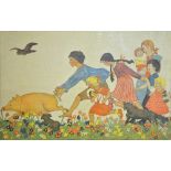 After Jlse Breit - A set of prints - Children playing with chicks below sunflowers, 48 x 45.