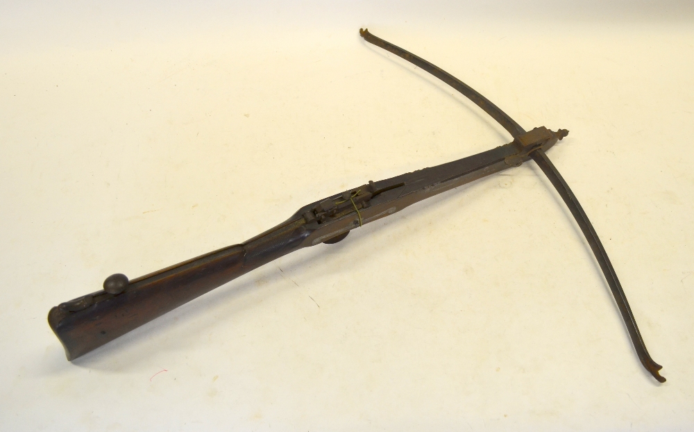 A 19th century hunting crossbow, the walnut stock with hatched grip steel mounts and 73 cm bow, 74 - Image 2 of 5